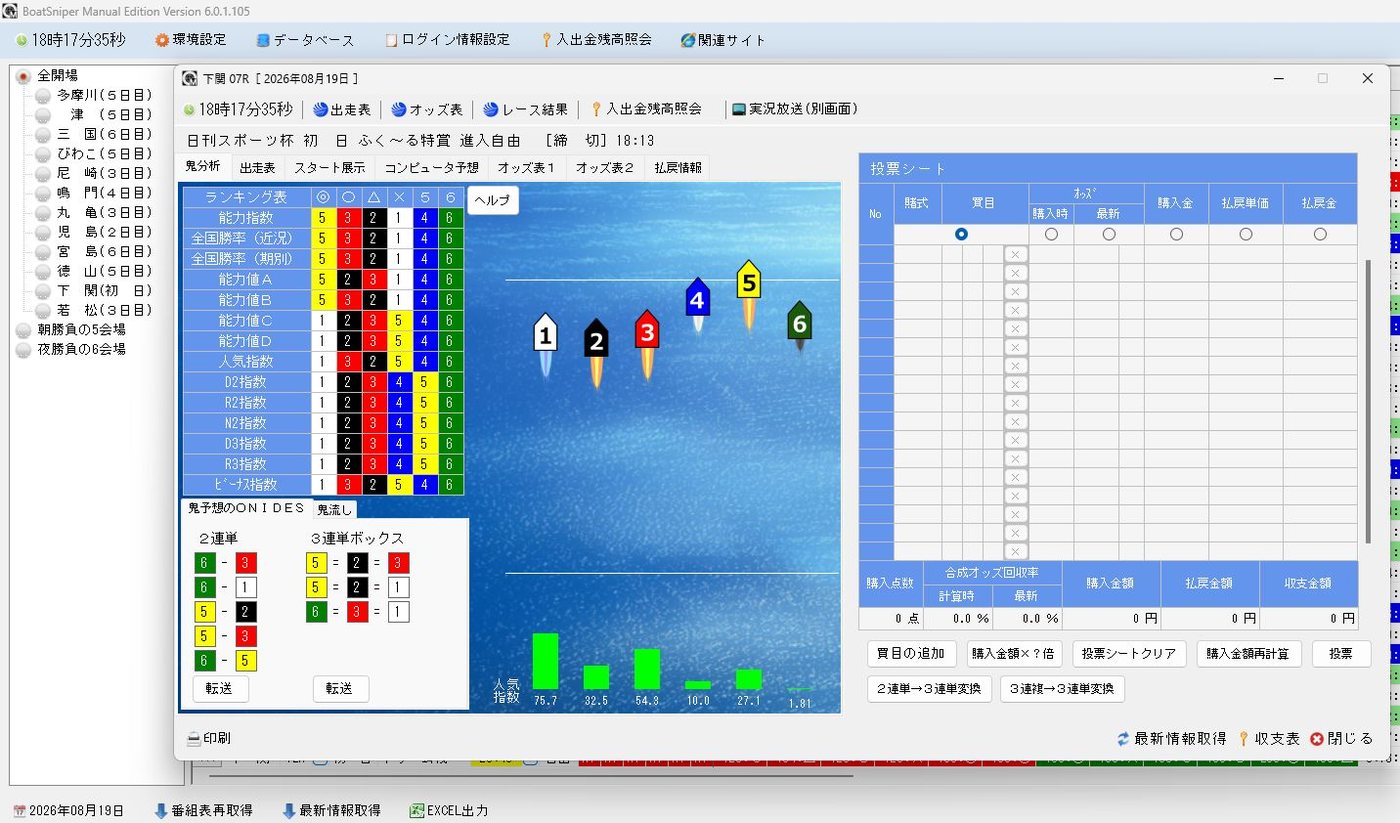 レース詳細画面。投票シートに買目・購入金額・払戻金が並ぶ